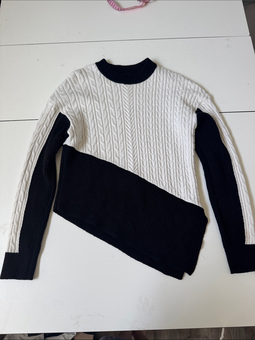 Express Two-Tone Black and White Cable Knit Asymmetric Sweater